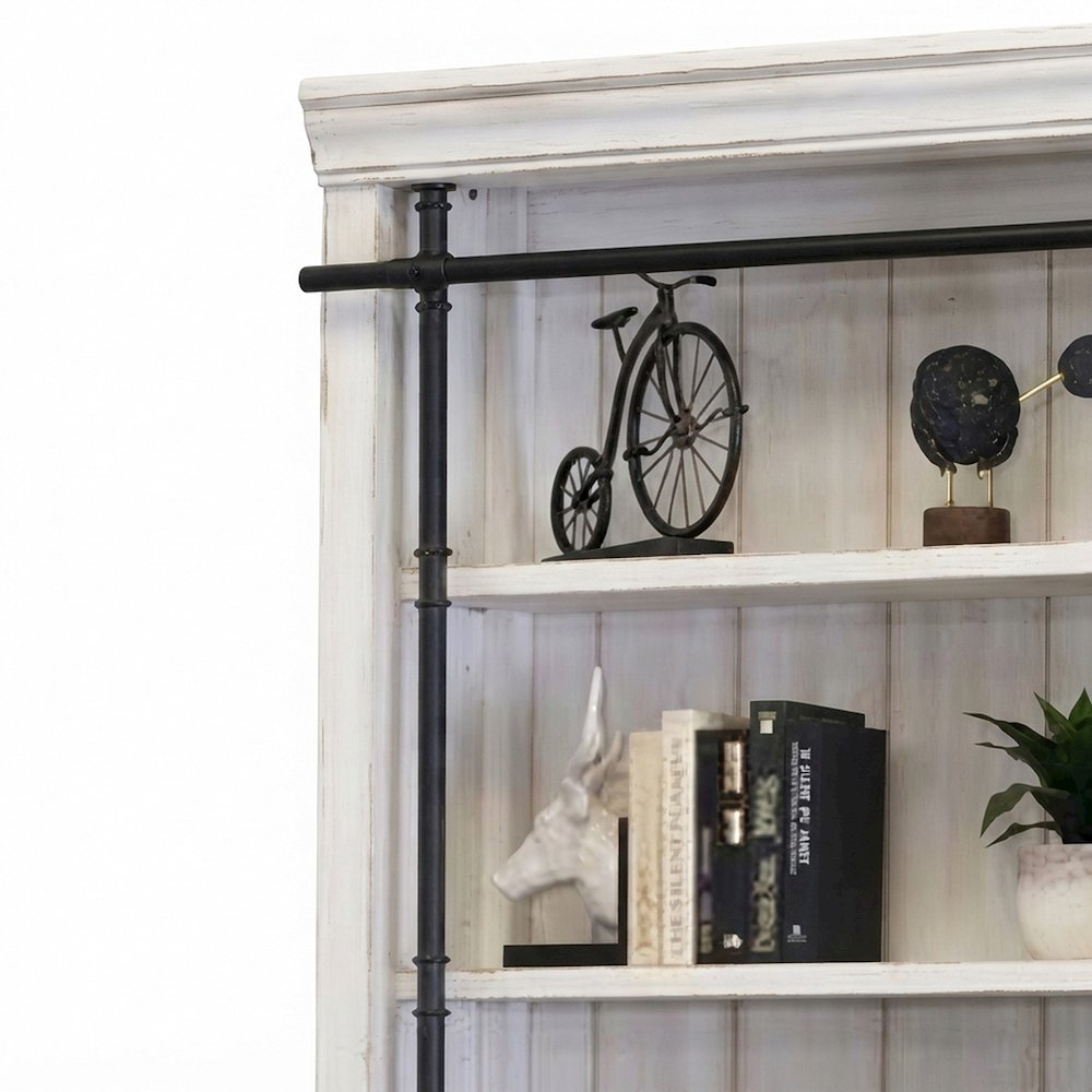 Wood Tall Bookshelf Wall with Ladder and, White weathered oak finish, 80 Inch