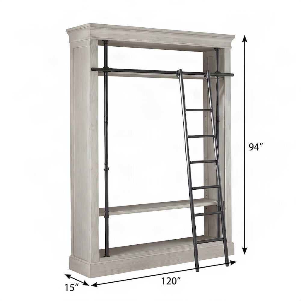 Wood Tall Bookshelf Wall with Ladder and, White weathered oak finish, 120 Inch