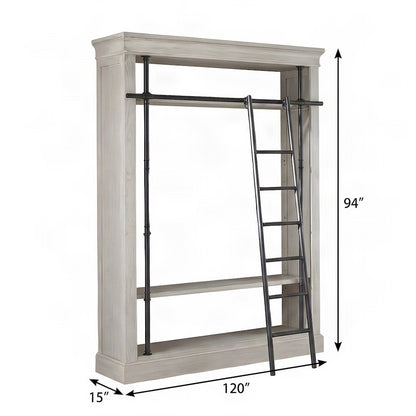 Wood Tall Bookshelf Wall with Ladder and, White weathered oak finish, 120 Inch