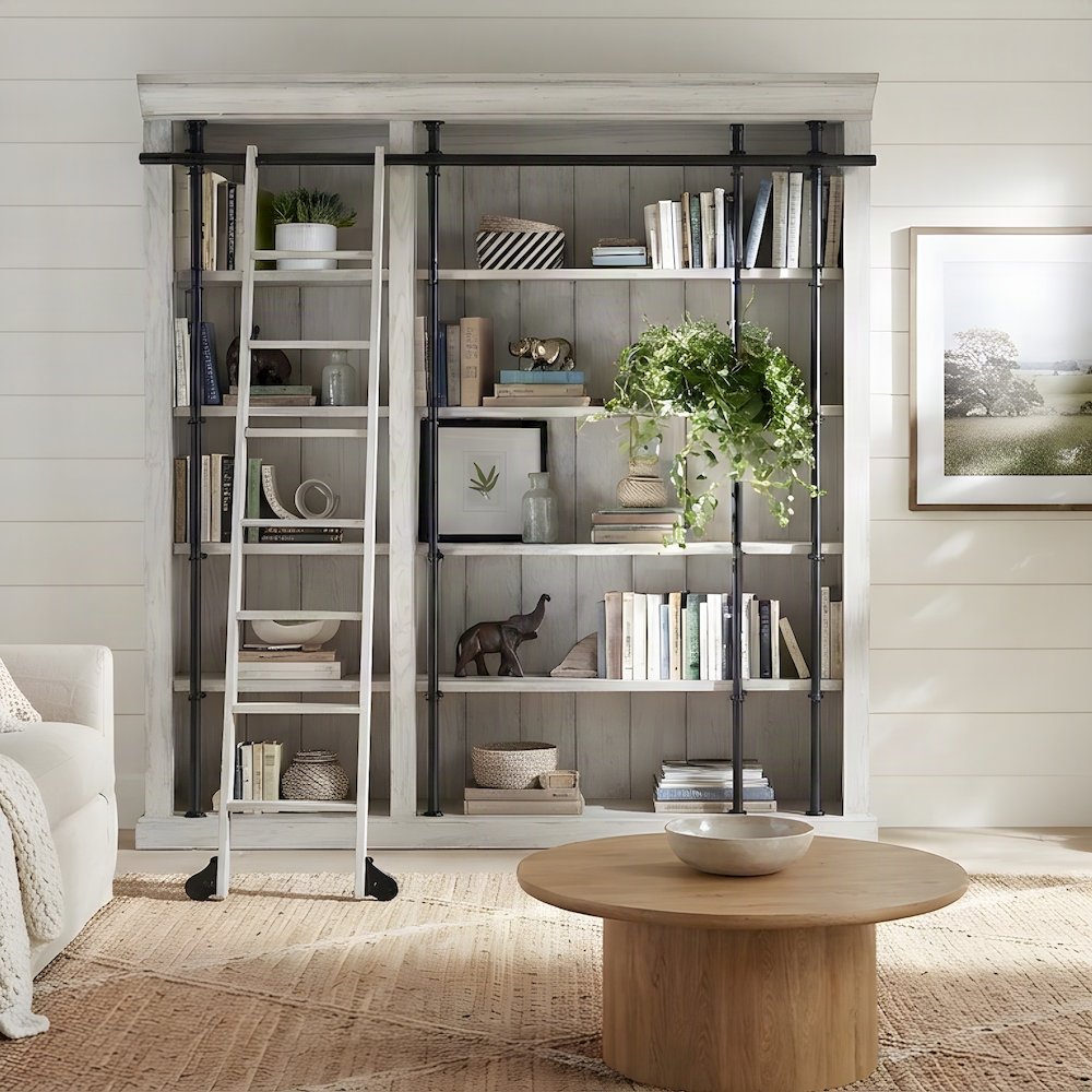 Wood Tall Bookshelf Wall with Ladder and, White weathered oak finish, 120 Inch