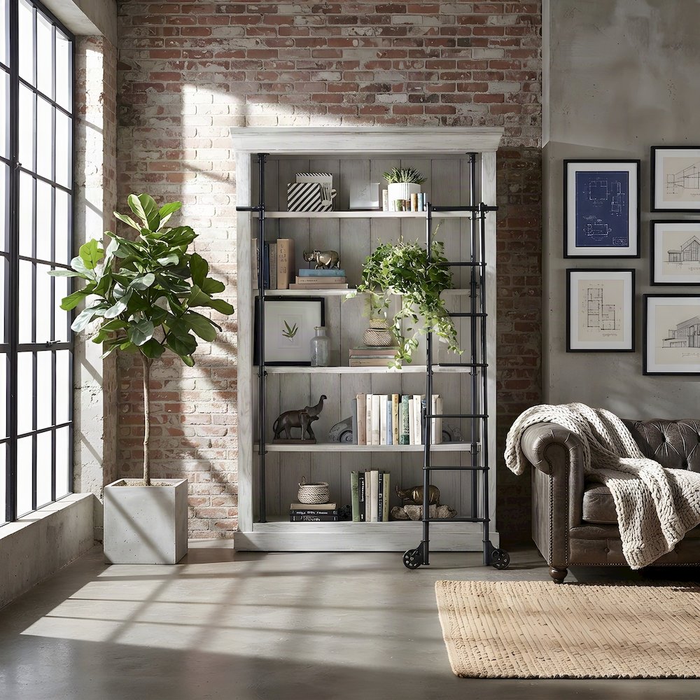 Wood Tall Bookshelf Wall with Ladder and, White weathered oak finish, 120 Inch