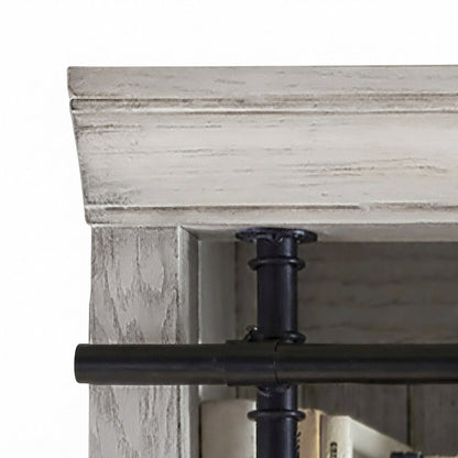 Wood Tall Bookshelf Wall with Ladder and, White weathered oak finish, 120 Inch