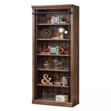 8-Foot Tall Wood Bookcase with 5 Adjustable Shelves, Steel Frame, Brown