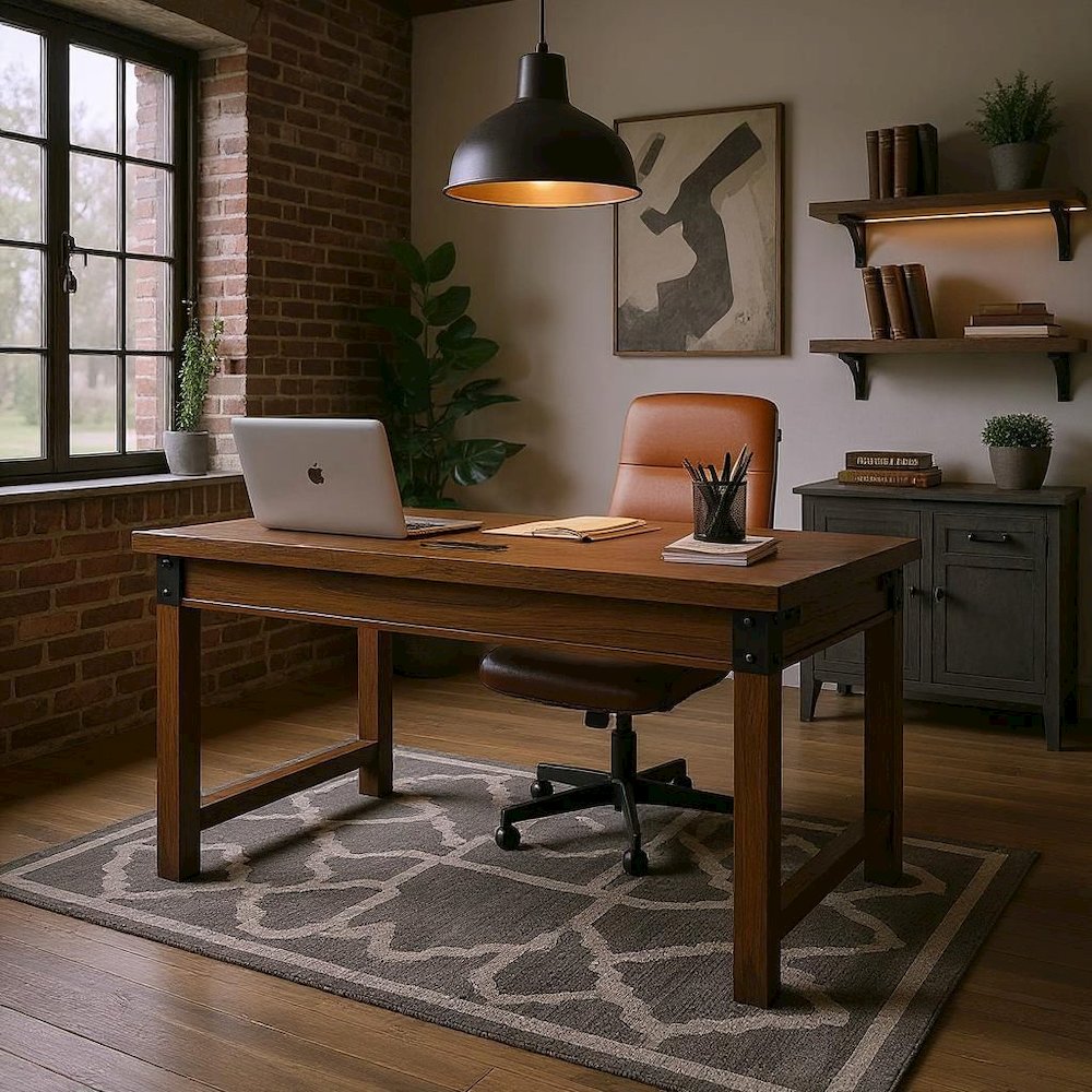 Rustic Walnut Color Farmhouse Desk, Long Wooden Table for Office Use