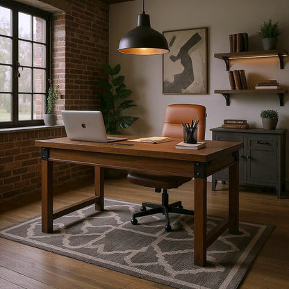 Rustic Walnut Color Farmhouse Desk, Long Wooden Table for Office Use