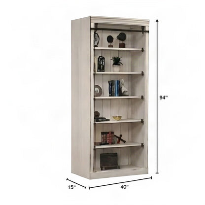 Tall Wood Bookcase with Open Shelves, Bookshelf, White weathered oak finish