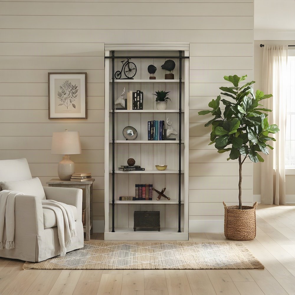 Tall Wood Bookcase with Open Shelves, Bookshelf, White weathered oak finish
