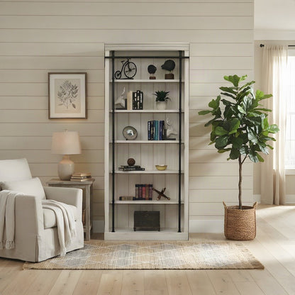 Tall Wood Bookcase with Open Shelves, Bookshelf, White weathered oak finish