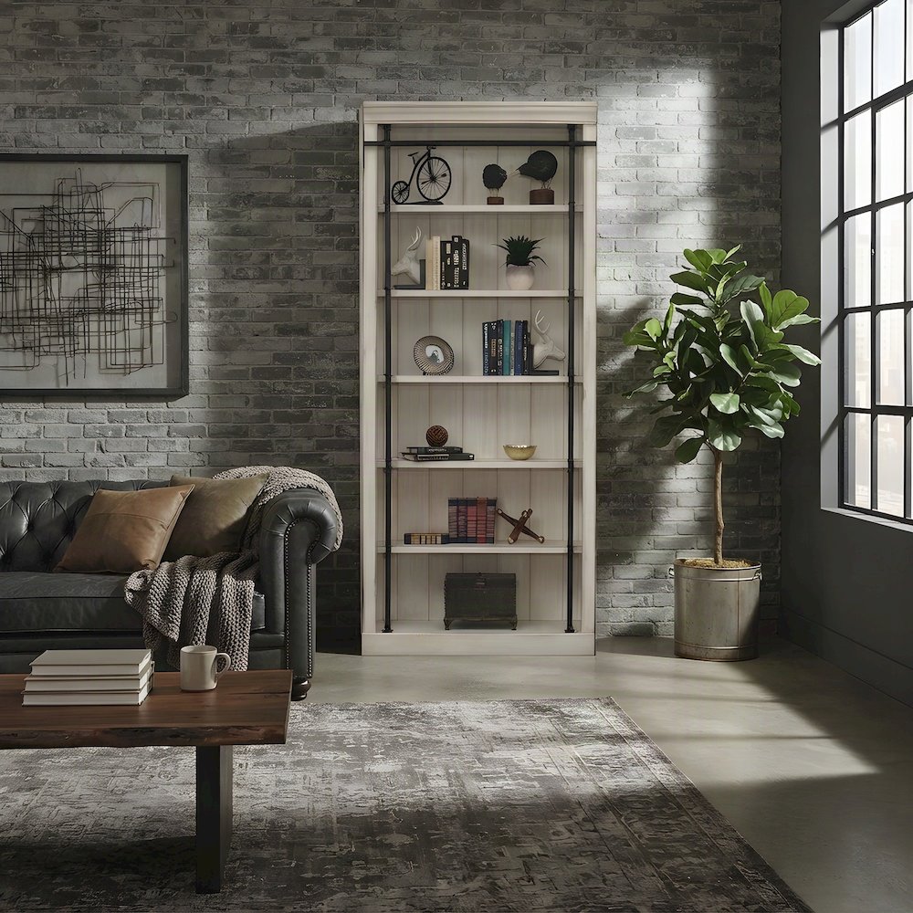 Tall Wood Bookcase with Open Shelves, Bookshelf, White weathered oak finish