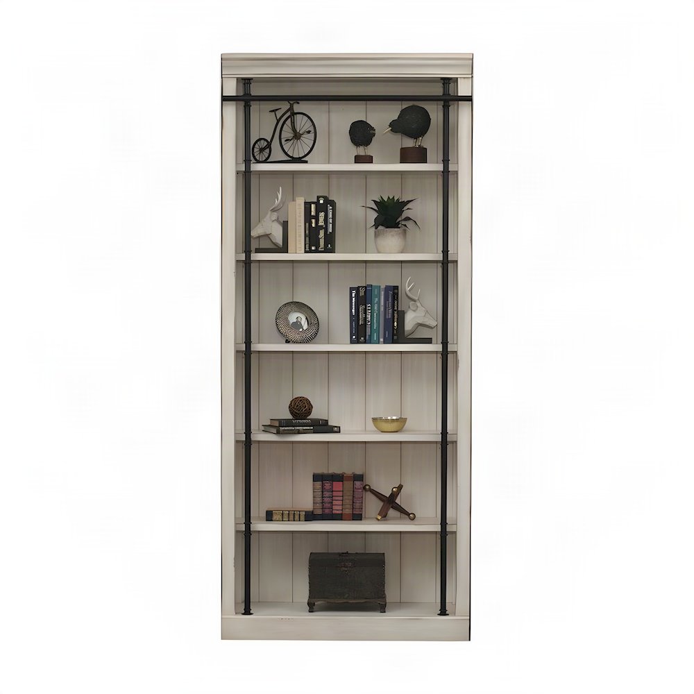 Tall Wood Bookcase with Open Shelves, Bookshelf, White weathered oak finish