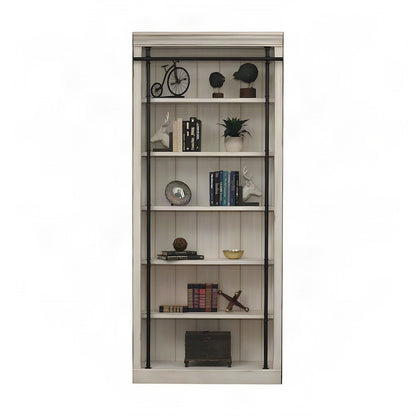 Tall Wood Bookcase with Open Shelves, Bookshelf, White weathered oak finish