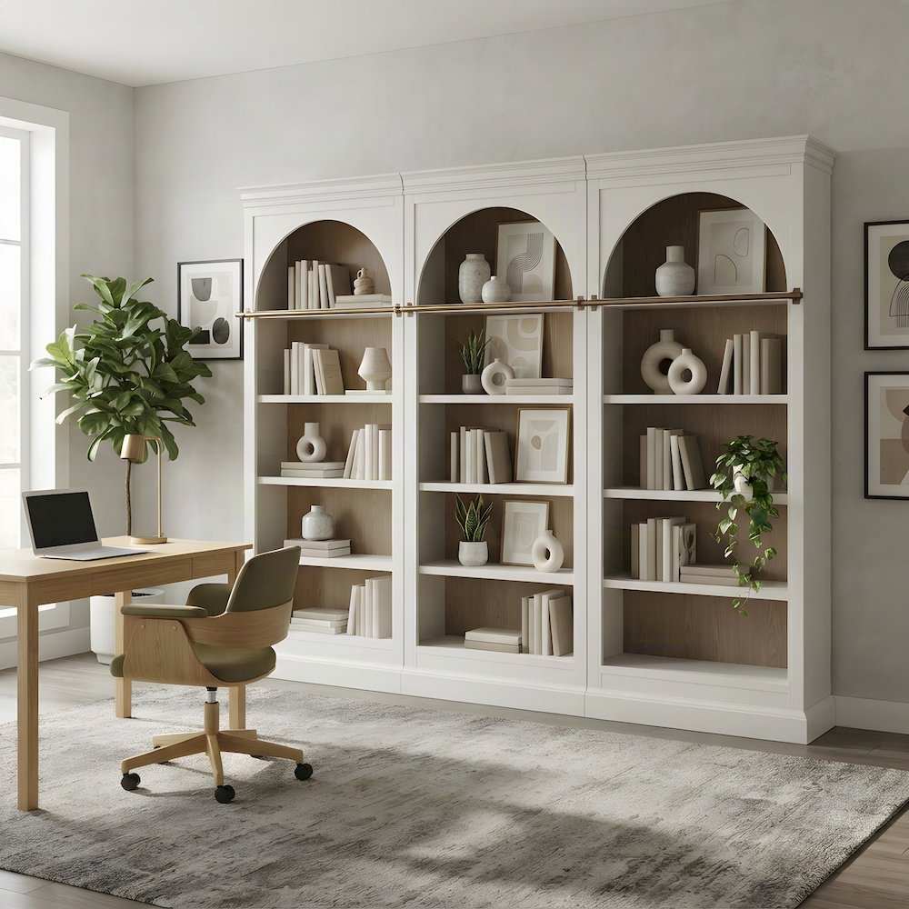 Contemporary Tall Arched Wood Bookcase with Open Display Shelves, White