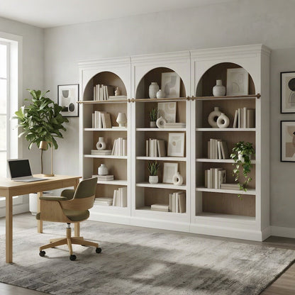 Contemporary Tall Arched Wood Bookcase with Open Display Shelves, White