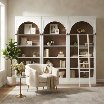 Contemporary Tall Arched Wood Bookcase with Open Display Shelves, White