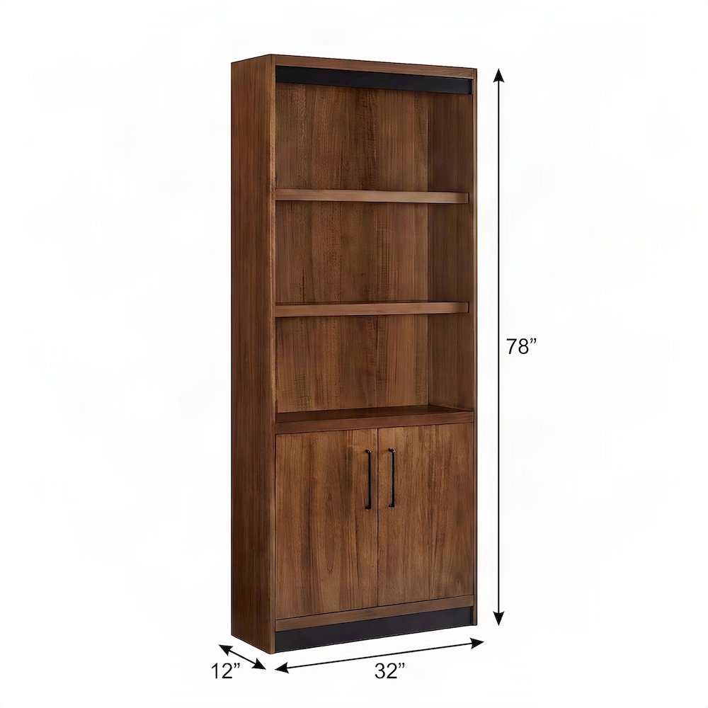 Tall Wood Bookcase with Cabinet Doors and Open Book Shelves, Rich Modern Brown