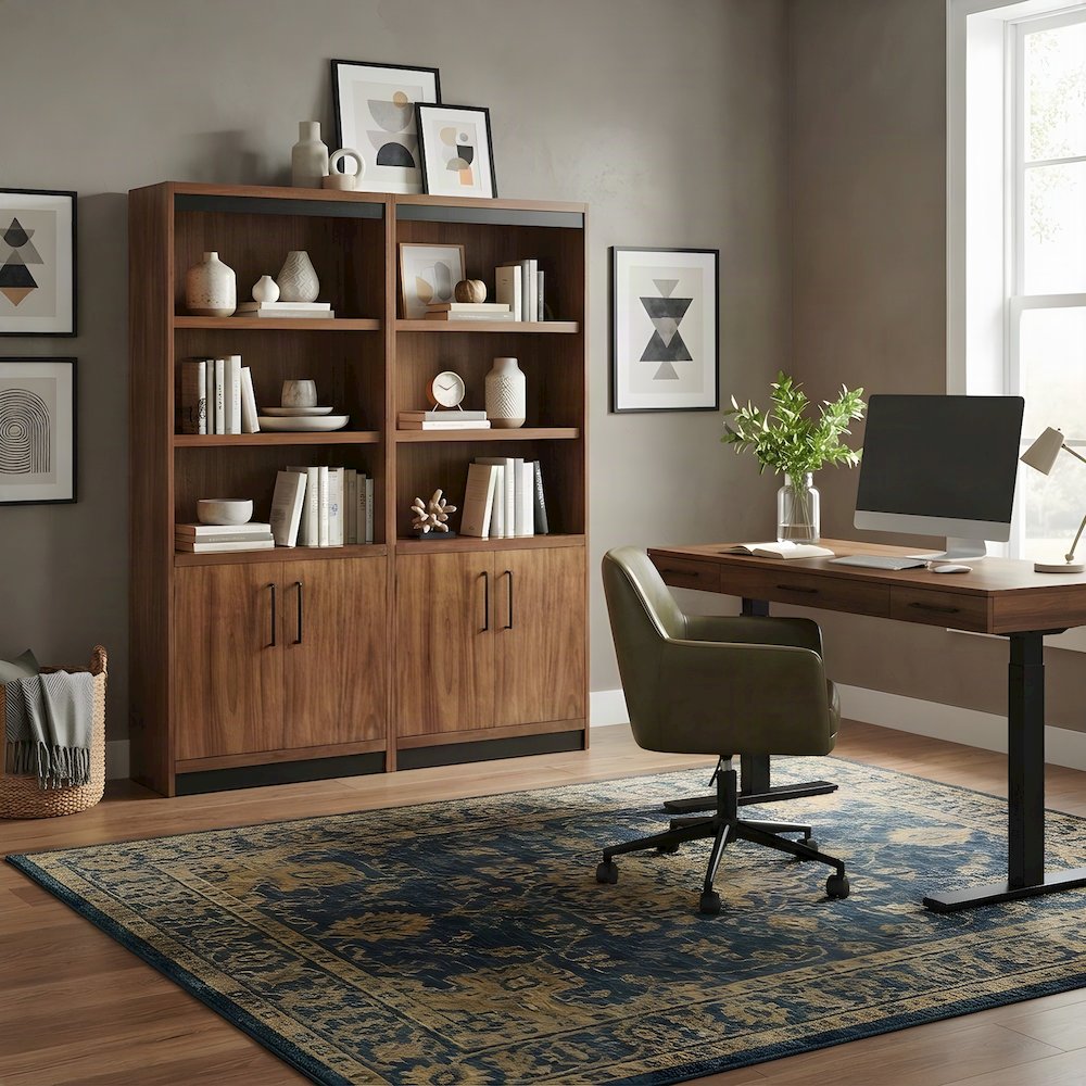Tall Wood Bookcase with Cabinet Doors and Open Book Shelves, Rich Modern Brown