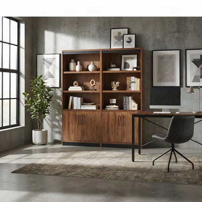 Tall Wood Bookcase with Cabinet Doors and Open Book Shelves, Rich Modern Brown