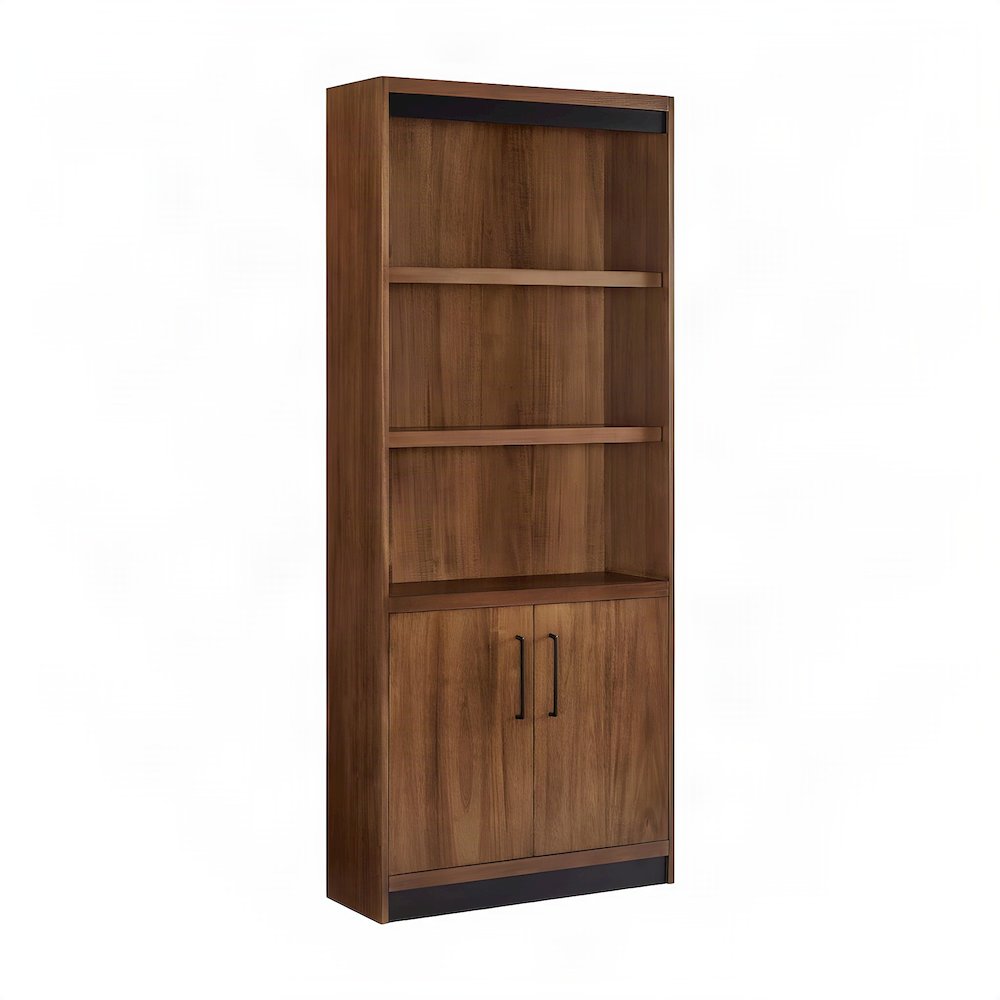 Tall Wood Bookcase with Cabinet Doors and Open Book Shelves, Rich Modern Brown