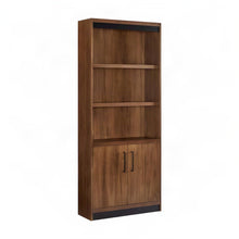 Tall Wood Bookcase with Cabinet Doors and Open Book Shelves, Rich Modern Brown
