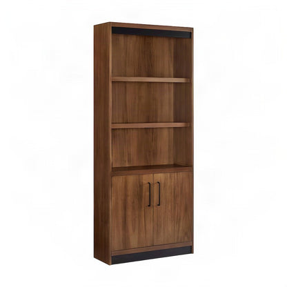 Tall Wood Bookcase with Cabinet Doors and Open Book Shelves, Rich Modern Brown