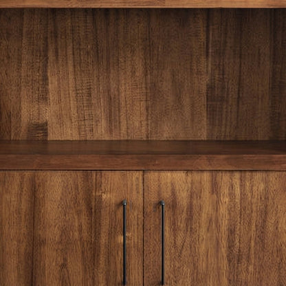 Tall Wood Bookcase with Cabinet Doors and Open Book Shelves, Rich Modern Brown
