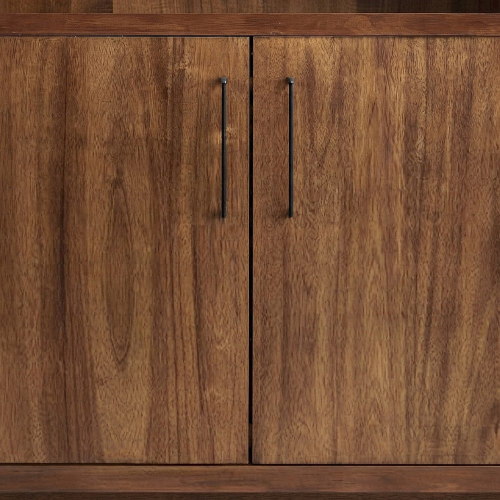 Tall Wood Bookcase with Cabinet Doors and Open Book Shelves, Rich Modern Brown
