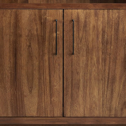 Tall Wood Bookcase with Cabinet Doors and Open Book Shelves, Rich Modern Brown
