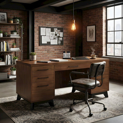 Wooden Double Pedestal Executive Desk with Drawers, Assembled, Rich Modern Brown