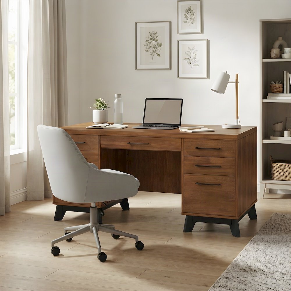Wooden Double Pedestal Executive Desk with Drawers, Assembled, Rich Modern Brown