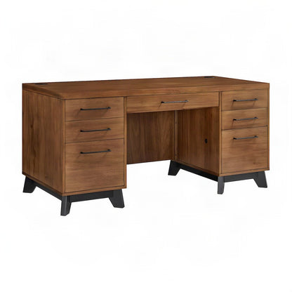 Wooden Double Pedestal Executive Desk with Drawers, Assembled, Rich Modern Brown