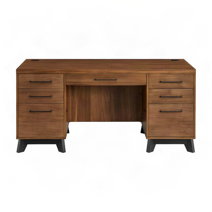 Wooden Double Pedestal Executive Desk with Drawers, Assembled, Rich Modern Brown