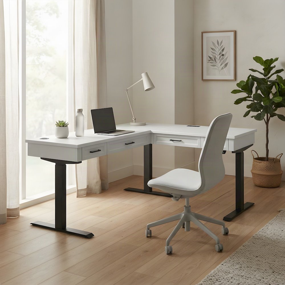 Wood L-Shaped Electric Sit Stand Desk with Return, Height Adjust, White