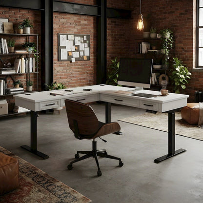 Wood L-Shaped Electric Sit Stand Desk with Return, Height Adjust, White
