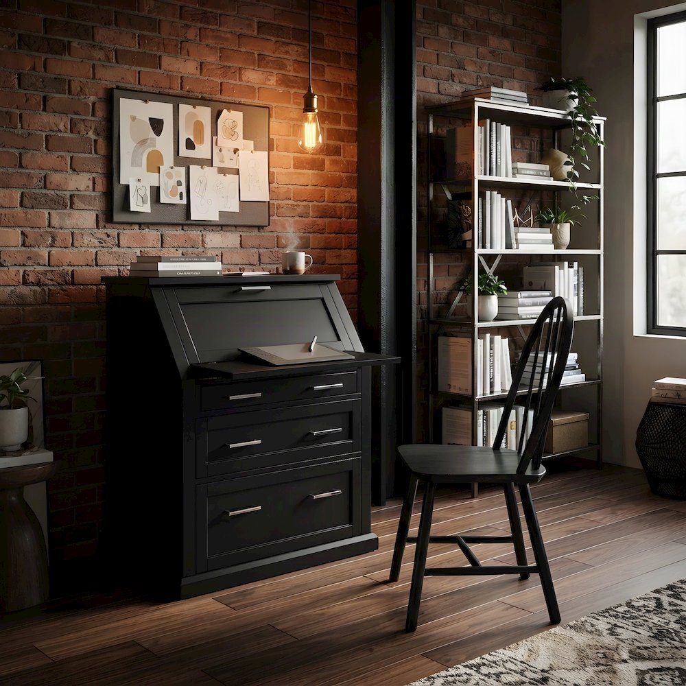 Modern Wood Drop-Lid Secretary Desk with Storage and Drawers, Black