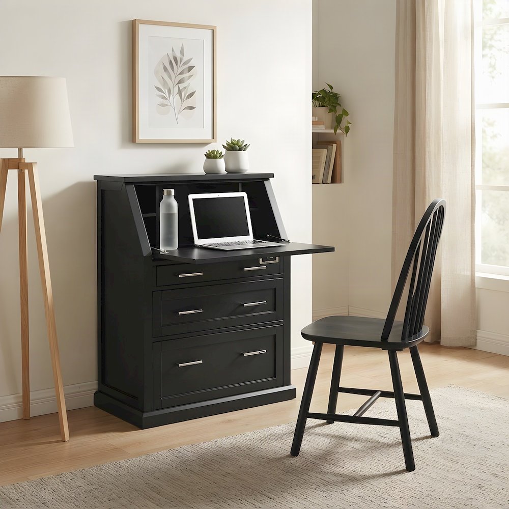 Modern Wood Drop-Lid Secretary Desk with Storage and Drawers, Black