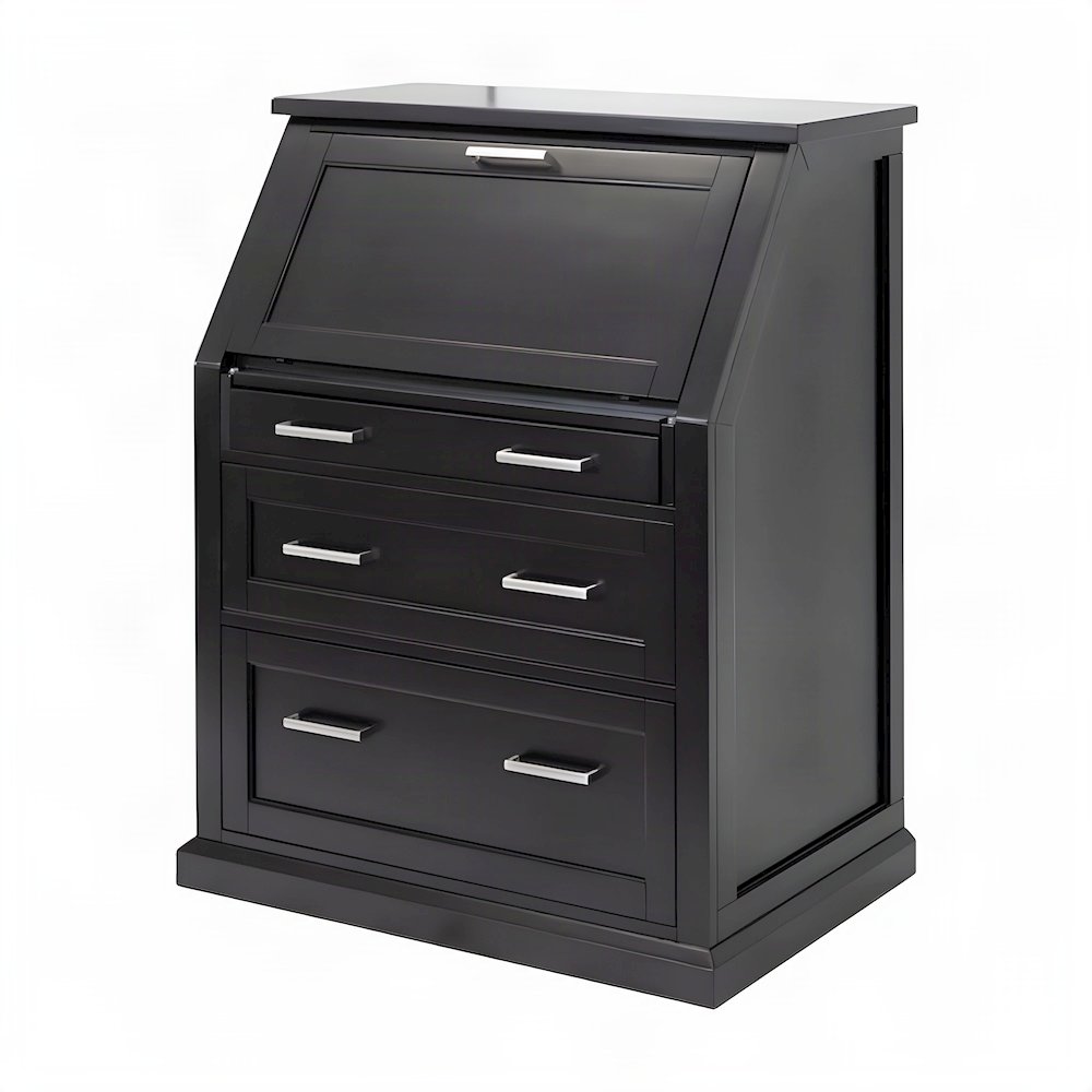 Modern Wood Drop-Lid Secretary Desk with Storage and Drawers, Black