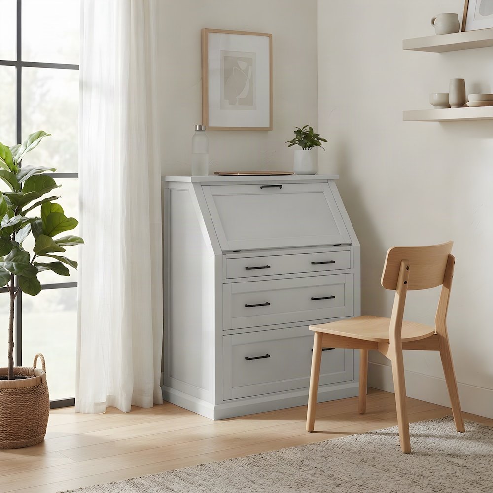 Modern Wood Drop-Lid Secretary Desk with Storage and Drawers, White