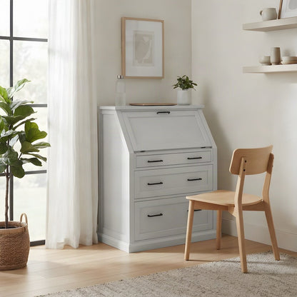 Modern Wood Drop-Lid Secretary Desk with Storage and Drawers, White
