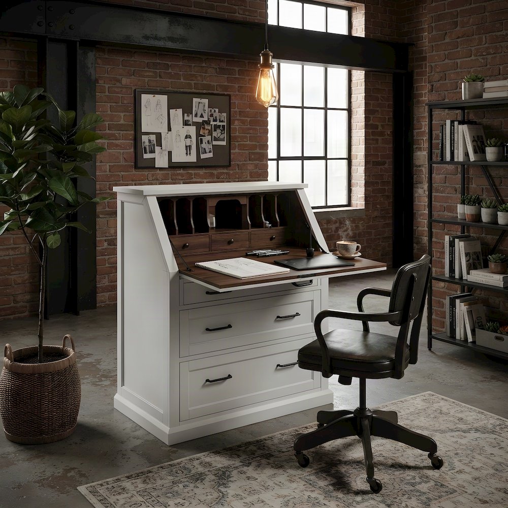 Modern Wood Drop-Lid Secretary Desk with Storage and Drawers, White