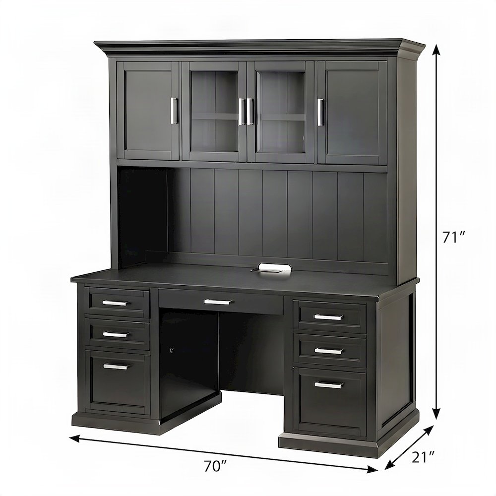 Wood Hutch Desk with Doors, Shelves, and Tall Storage Cabinet, Black