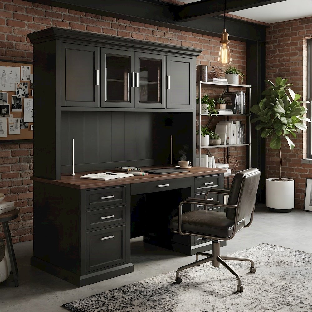 Wood Hutch Desk with Doors, Shelves, and Tall Storage Cabinet, Black