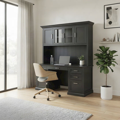 Wood Hutch Desk with Doors, Shelves, and Tall Storage Cabinet, Black