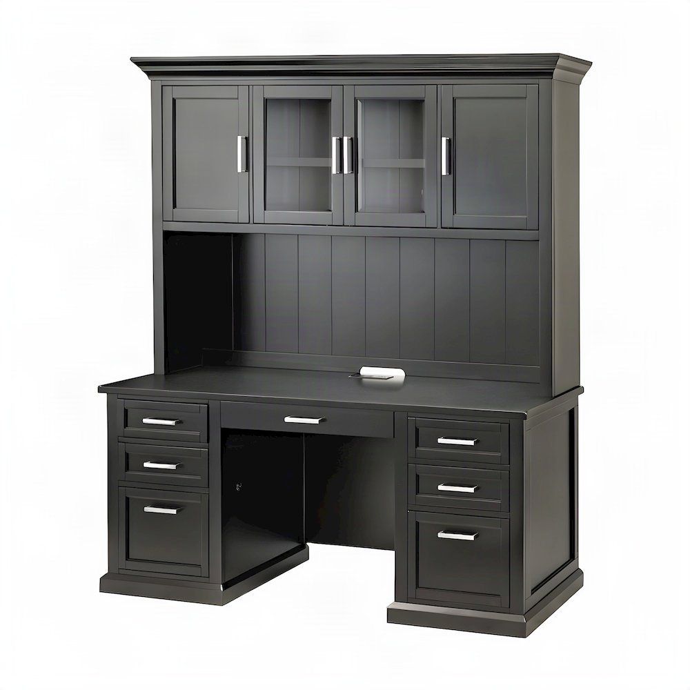 Wood Hutch Desk with Doors, Shelves, and Tall Storage Cabinet, Black