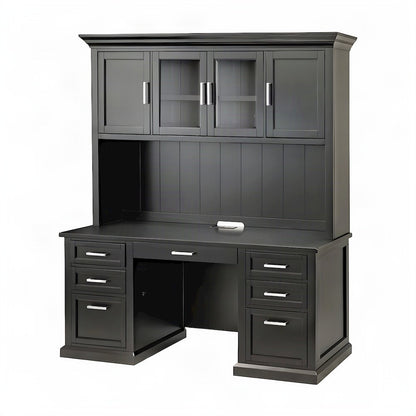 Wood Hutch Desk with Doors, Shelves, and Tall Storage Cabinet, Black