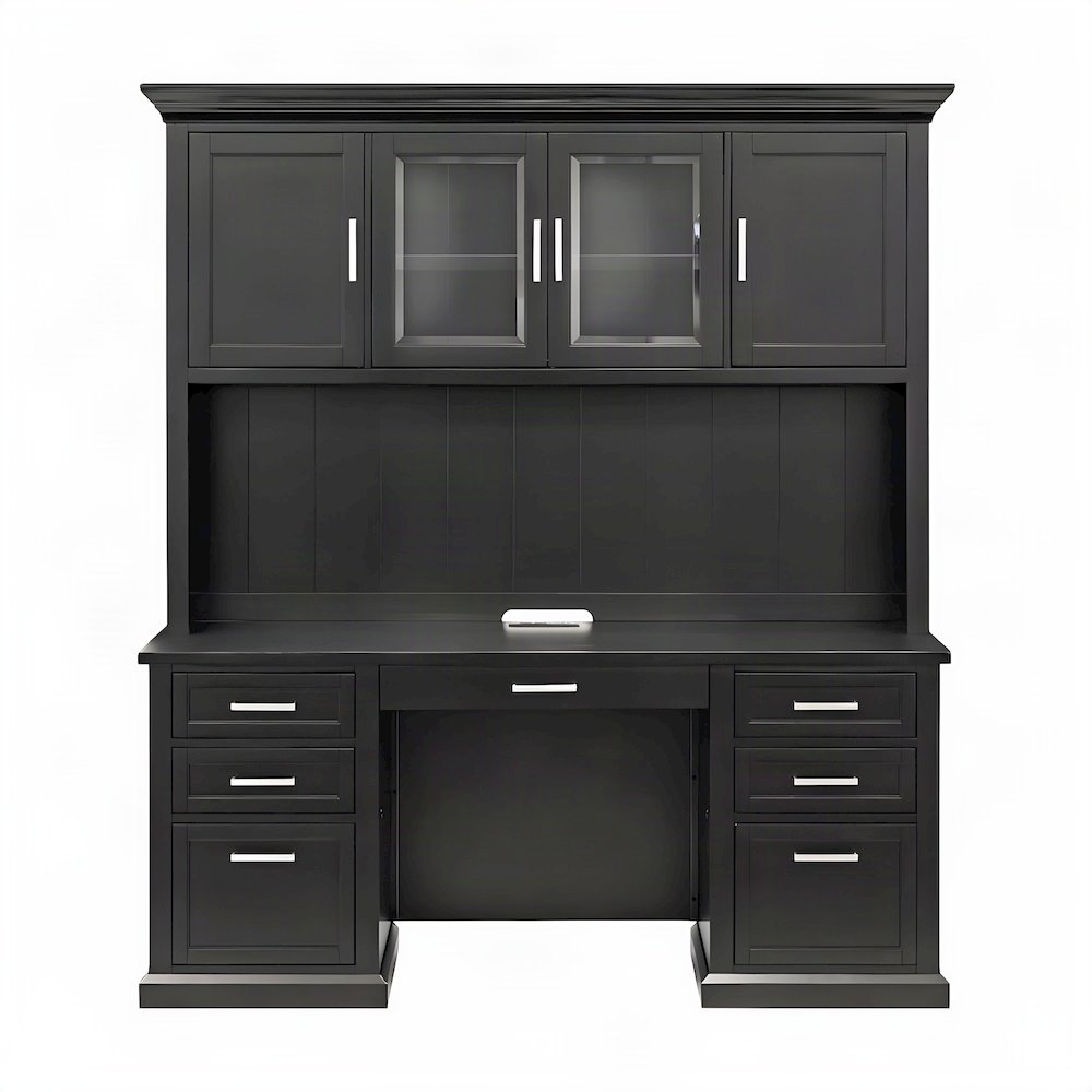 Wood Hutch Desk with Doors, Shelves, and Tall Storage Cabinet, Black