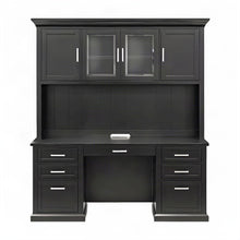 Wood Hutch Desk with Doors, Shelves, and Tall Storage Cabinet, Black