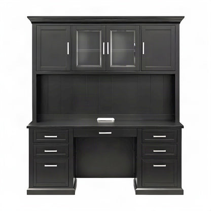 Wood Hutch Desk with Doors, Shelves, and Tall Storage Cabinet, Black