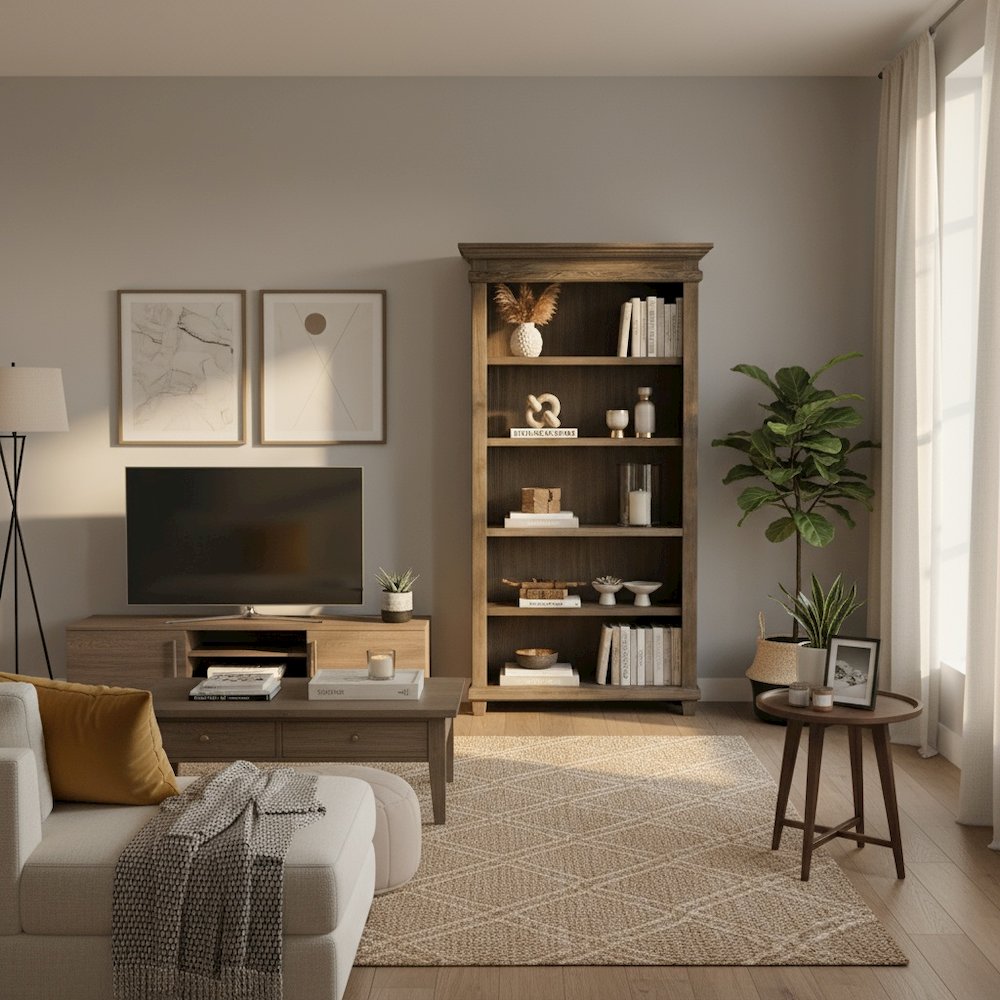 Wood Open Bookcase, 3 Adjustable Shelves, Fixed Shelf, Gray Finish