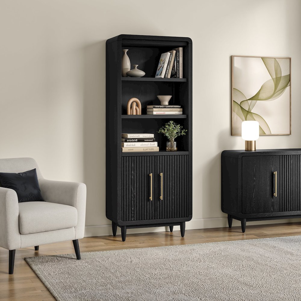 Modern Wood Bookcase Doors, Office Shelving Storage Cabinet, Assembled, Black