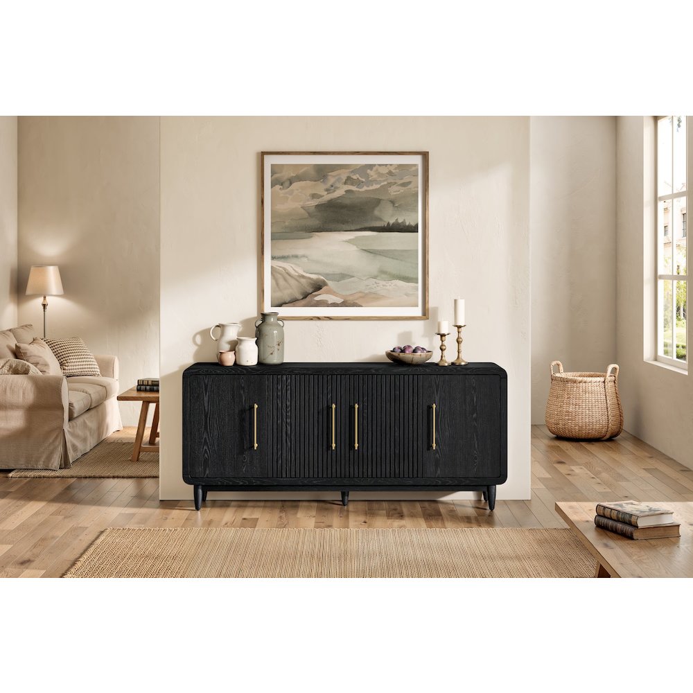 Modern 72" TV Console, 4-Door Entertainment Stand, Wood Cabinet, Asm, Black